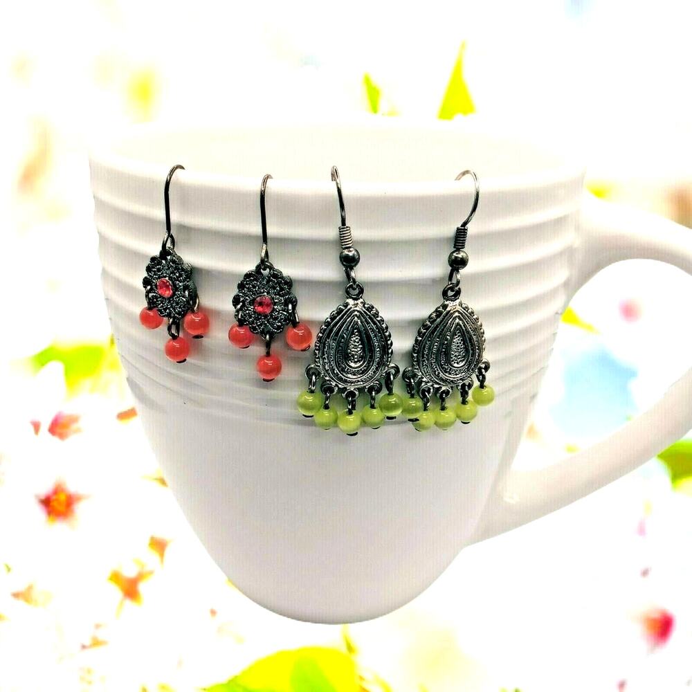 Ombre Beaded Chandelier Earrings Green Orange Dangle Retro Spring Jewelry 2Pr